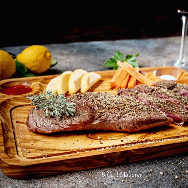 Assiette à steak pour la viande et les barbecues, Planche de service pour les steaks et les barbecues, Assiette à steak avec canal de jus, Assiette de service en bois d'olivier, Assiette pour grill