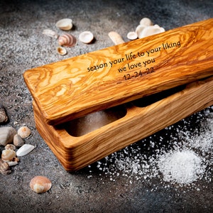 Handmade Olive Wood Salt Cellar with 3 Compartments and Lid - Personalized with Name or Phrase