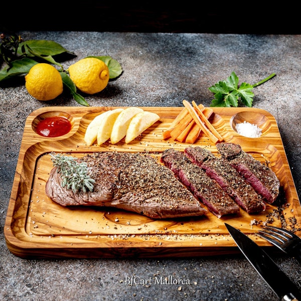 Steakbrett für Fleisch und Grillgerichte, Steakplatte mit Saftkanal, Steakplatte aus Olivenholz, Servierbrett für Steak- und Grillgerichte, Grillplatte