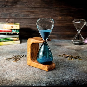 Decorative hourglass holder 15 min olive wood Customizable, sand hourglass timer, minute sand timer