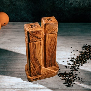 Elegant Olive Wood Pepper Mill Set, Square Design with Ceramic Grinders and Matching Base, Perfect for Gourmet Kitchens