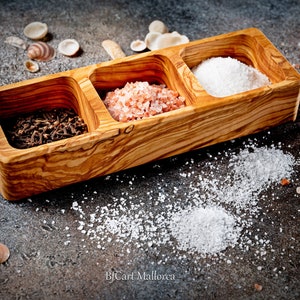 Large salt shaker with 3 separate compartments for salt or olive wood species