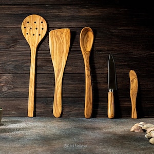 kitchen Spoons Wood set and knifes in Olive Wood, Gift for Couple Kitchen cooking utensils wooden Unique and handmade