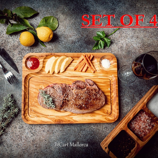 Set mit 4 Steakbrettern für Fleisch und Grillabende, Steakplatten-Set mit Saftkanal, Fleischplatte aus Olivenholz, Servierbrett für Grillgerichte, Grillplatte