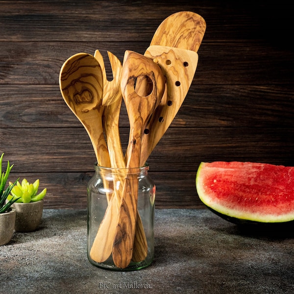 Olive Wood Kitchen Utensils Set of 5, Cooking cutlery olive wood set, Classic Utensils Sets for Cooking, Reusable and Ecological