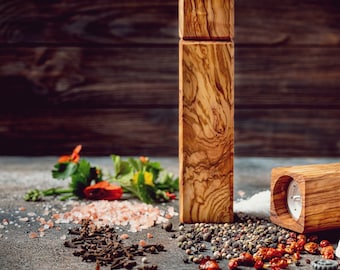 Artisan Olive Wood Pepper Mill - Square Ceramic Grinder, Rustic Kitchen Gift, Handmade Eco-Friendly & Adjustable Coarseness