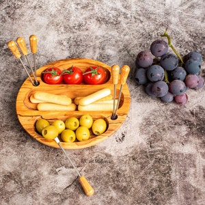 Plate Olive Wood Appetizers 3 departments, Plate With Skewers For Olives and Pipes, Sauce Plate, Seasoning Plate, Olive Wood Plate, Fruit