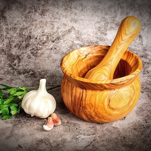 Mortier et pilon en bois d&#39;olivier pour la cuisine, mortier pour moudre les épices, mortier vintage, ensemble mortier et pilon en bois, pilon de mortier en bois,
