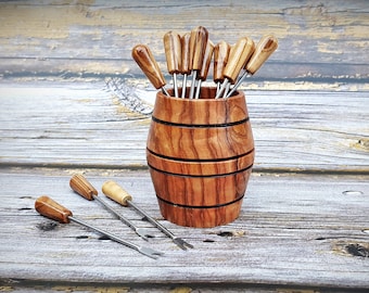 Olive Wood Barrel Skewer Set, Appetizer Serving