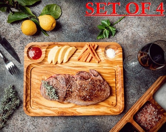 Set van 4 steakplanken voor vlees en barbecues, steakplatenset met sapkanaal, olijfhouten vleesplaat, BBQ-maaltijden serveerplank grillplaat