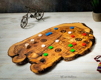 Ludo and Parcheesi strategy Board Game in Olive Wood, Family Board Game, game for kids, Ludo Game Handmade Author Design