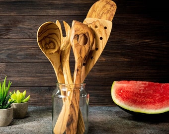 Set 5 Utensili da Cucina in Legno d'Ulivo, Set Posate da Cucina in Legno d'Ulivo, Set di Utensili Classici per Cucinare, Riutilizzabili ed Ecologici