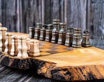 Live edge Chess set, Chess Premium set with Board Wood, Chess Set Handmade Olive Wood, Rustic Chess Board set, Vintage Chess sets With Board