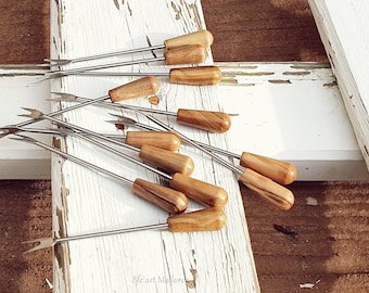 Set of 20 metal appetizer skewers, mini olive wood forks, vintage cocktail skewers.