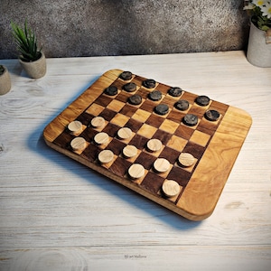 Handmade Olive Wood Checkers Board Game Set - Beautiful Rustic Design with Olive Wood Pieces
