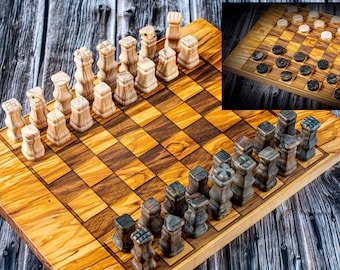 Chess Board Checkers and Backgammon Set Olive Wood, Wooden checker board game Set, Vintage Chessboard, decorative chess board handmade