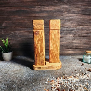 Olive Wood Salt and Pepper Mill Set With Tray, Handcrafted Wooden Salt and Pepper Grinder Ceramic set in Square Shape, Unique pepper mill
