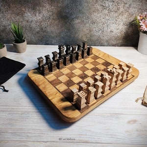 Handmade Olive Wood Rare Chess Set with Board - Premium Chess Set, Unique Wood Pieces, Handmade Unique Design set, Collectible Game Set