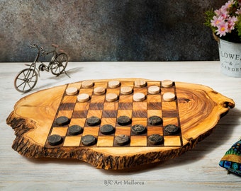 Unique Live Edge Olive Wood Chess Set with Handcrafted Wooden Figures, Rustic Board with Premium Live Edge Design, Elegant Olive Wood Chess
