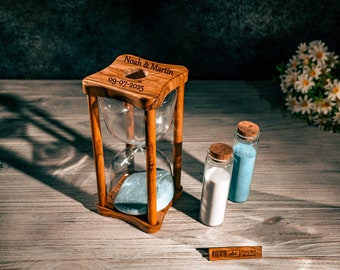 Handmade Olive Wood Hourglass for Wedding Unity Ceremony - Customizable Sand Blending for Bride and Groom