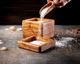 Salière avec Couvercle Magnétique et Cuillère à Sel, Salière en Bois d'Olivier Avec Couvercle, Récipient à Sel Vintage Couvercle et Sucrier, Pince à Sel en Bois