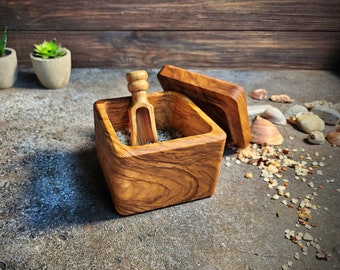 Cave à sel avec couvercle et cuillère de sel personnalisable, Plat à sel en bois d'olivier avec couvercle utilisable sur table, Récipient à sel fait main en bois Pinch Bow