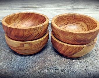 Salad Bowl Olive Wood custom set 4, cadeau de mariage petit bol personnalisé, bol de petit déjeuner, bol de céréales, bol de fruits en bois, bol de salades individuelles