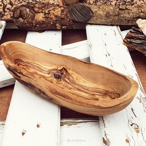 Miski drewniane z możliwością personalizacji, Extra Bowl z drewna oliwnego, Drewniany długi talerz, Miska na owoce, Rustykalne miski z żywym brzegiem, Miska w kształcie łodzi, Kosze na chleb