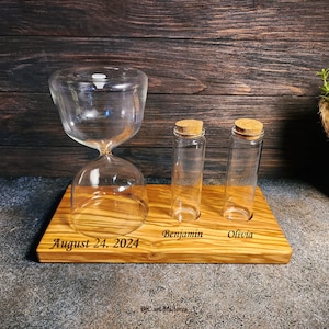 Charming Unity Sand Set for a Memorable Wedding Ceremony - Rustic Sand Ceremony Set with Vases and Personalizable Engraved olive wood base