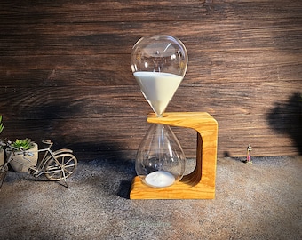 Handgefertigte 50-Minuten-Sanduhr aus Olivenholz, einzigartiges Design von BFC Art Mallorca, anpassbare Sandfarben, elegantes Dekorationsstück