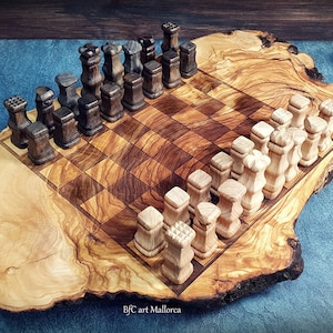 Chess Board Unique Handmade, Rustic Chess Board Set, Olive Wood Rare Chess sets With Board Premium Chess Set , Live Edge Chess set