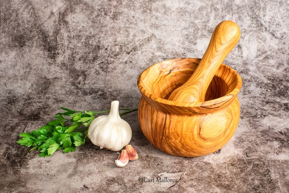 ヴィンテージ木製乳鉢、乳鉢と乳棒オリーブウッド、モダンな形の