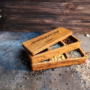 Personalized Olive Wood Salt Cellar Box with 6 Compartments – Handcrafted Spice Organizer, Engraved Name & Date, Housewarming Gift