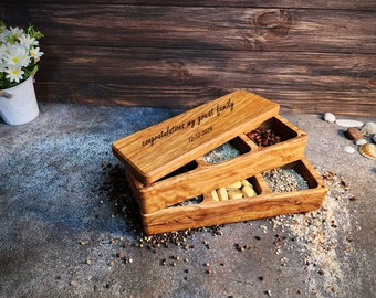 Handmade Olive Wood Salt Box, 6-Compartment Spice Organizer