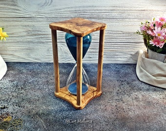 Reloj de arena de madera de olivo, arena azul, 15 minutos