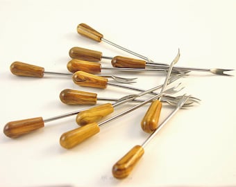 Olive Wood Cocktail Skewers: Metal Appetizer Forks, Set of 15