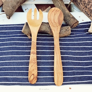 Wooden Spoon and Fork, Salad Spoon, Ecological Cutlery, Spoon and Fork, Rustic Olive Wood Spoon and Fork, Craft Cutlery, Curved Craft Spoon