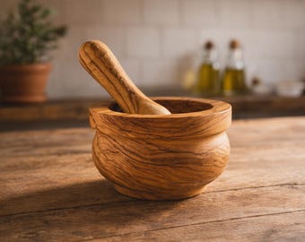 Handcrafted Olive Wood Mortar & Pestle –  Solid Rustic Spice Grinder, Natural Herb Crusher  Kitchen Gift for Chefs and Foodies