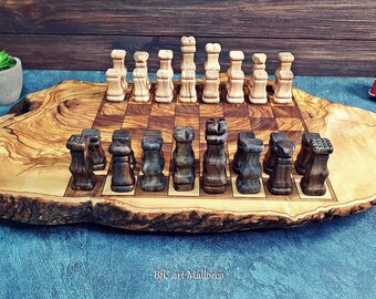 Olive Wood Chess Set handmade with Rustic board - Wooden Chess Gift, Handcrafted Artisan Gift for Chess Lovers - Wooden Chess Board Game