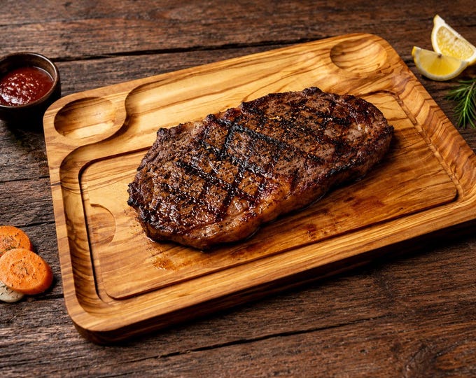 Featured listing image: Olive Wood Steak Board, BBQ Serving Plate, Juice Channel Meat Board, Rustic Grill Gift