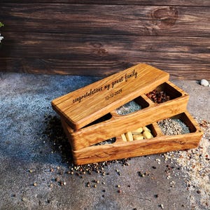 Personalized Olive Wood, Compartment Salt Cellar with Lid and 3 Spoons, Gourmet & Daily Kitchen Spice Organizer Gift