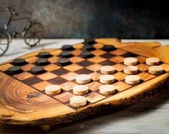 Handmade Checkerboard Live Edge Olive wood, Checkerboard rustic Wooden, Handmade set Checker board  and Unique Checker set