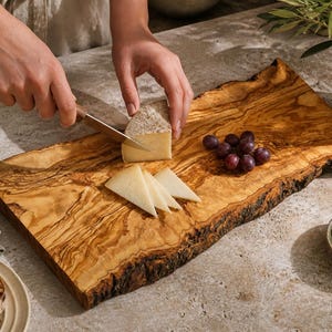 Puede incluir: Una tabla de servir de madera con borde natural, que presenta un tono marrón dorado cálido. Queso en rodajas y un racimo de uvas rojas están dispuestos en la tabla. Un cuchillo corta un trozo de queso. También hay aceitunas y pan.