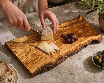 Rustic Olive Wood Cutting Board, Live Edge Serving Board, Handmade Charcuterie Board, Natural Bark Edge Kitchen Gift