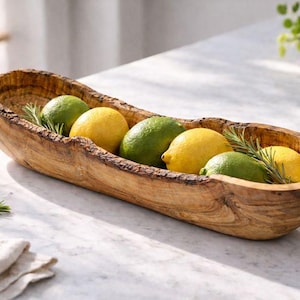 Olive Wood Bread & Fruit Bowl – Long Live Edge Rustic Wooden Centerpiece – Perfect Housewarming or Wedding Gift
