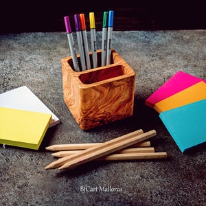 Square Pencil Holder olive wood, Office and Desk Pencil Holder, Wooden Pen Holder, Office Accessories for Desk, Wooden Desk Pencil Organizer