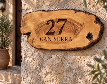 Personalized Olive Wood Address Sign, Custom House Number Plaque, Family Name Sign
