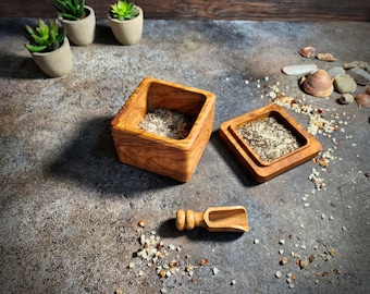 Handmade Olive Wood Salt Cellar with Lid and Spoon