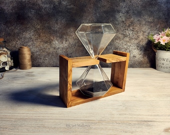 Unique Handmade Sand Timer  of 30 min. with Olive Wood Base, Table Sand Clock for Office Decor, Elegant Hourglass Handmade Table Sand Clock