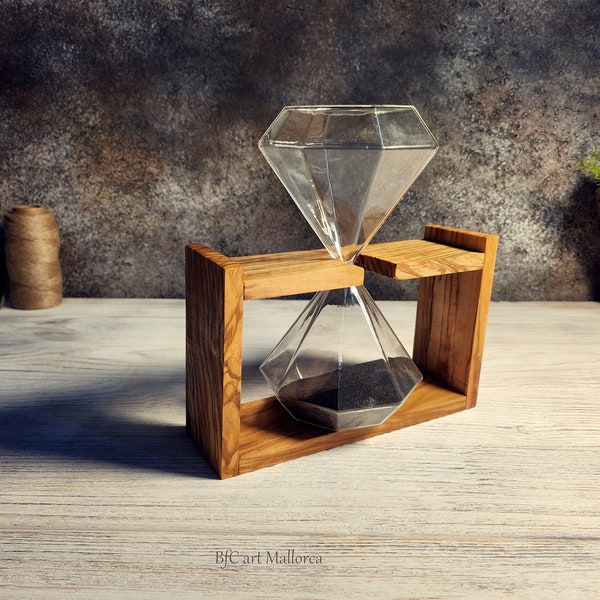 Unique Handmade Sand Timer  of 30 min. with Olive Wood Base, Table Sand Clock for Office Decor, Elegant Hourglass Handmade Table Sand Clock